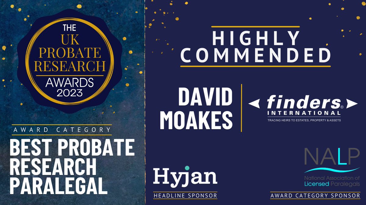 AwardsProbate's tweet photo. And a big round of applause to our Highly Commended for 'Best Probate Research Paralegal' - David Moakes of @findersprobate π
#Probies2023 #PRA2023 https://t.co/jvk0cWUy43