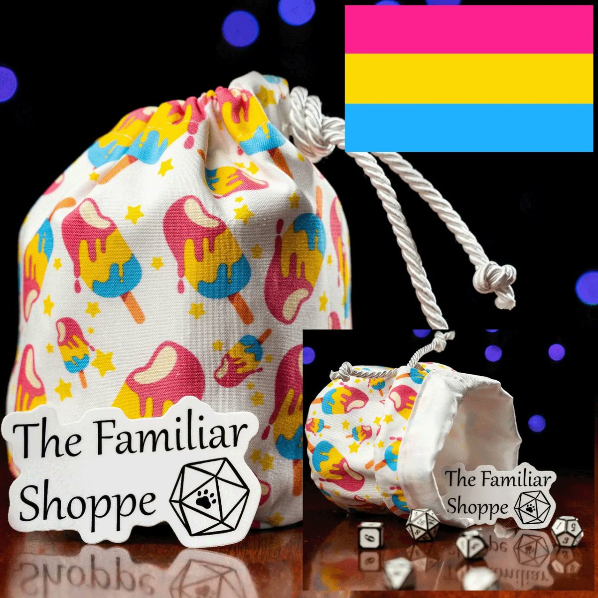 ShoppeFamiliar's tweet photo. Our Subtle Pansexual Pride Dice Bag is nearly sold out, get yours today while you can! #dungeonsanddragons #dicebag #dice #pansexualpride #handmade https://t.co/uWJxjIhv9h