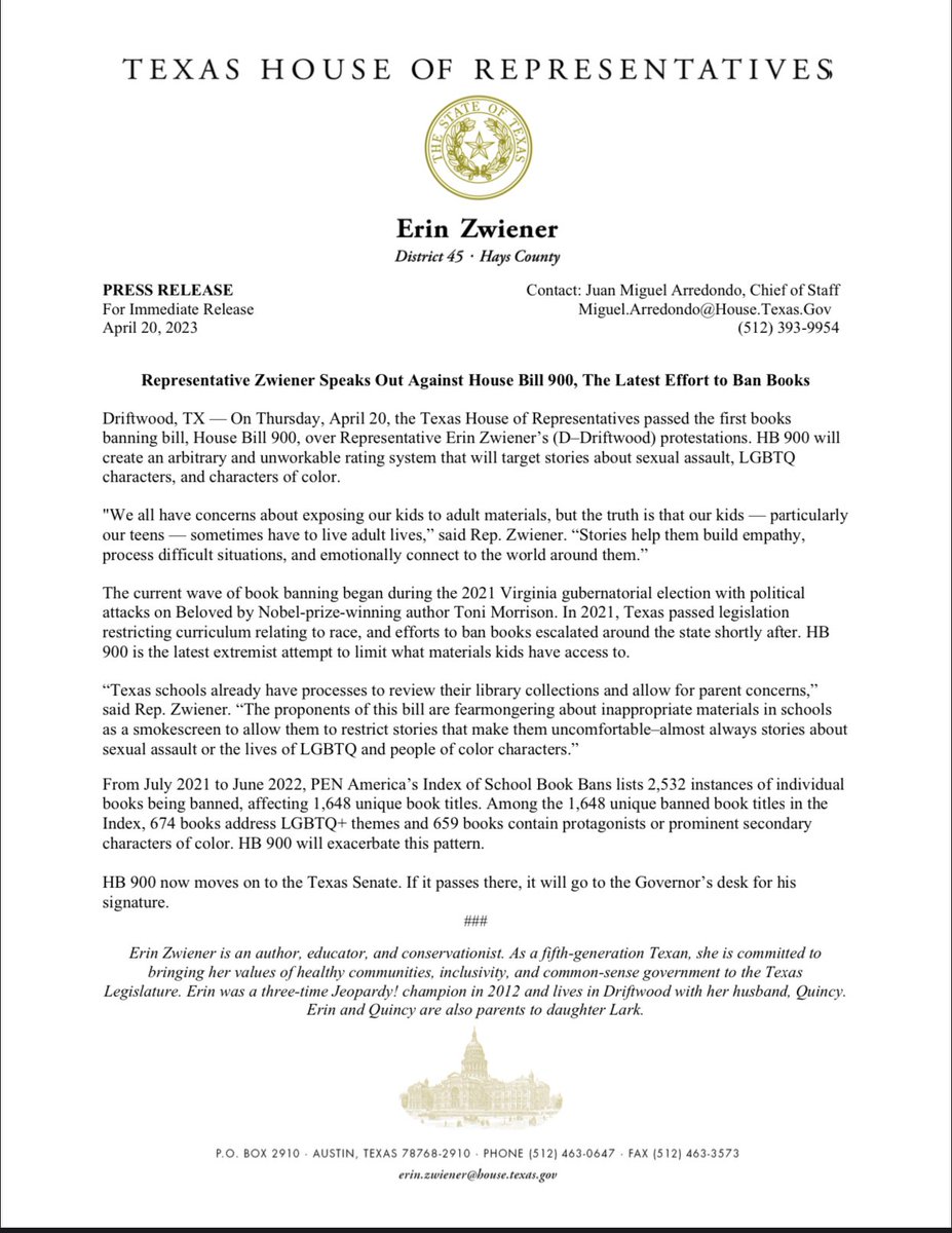 Earlier today the Texas House passed HB 900, the first books banning bill, which will create an arbitrary and unworkable rating system that will target stories about sexual assault, LGBTQ characters, and characters of color.