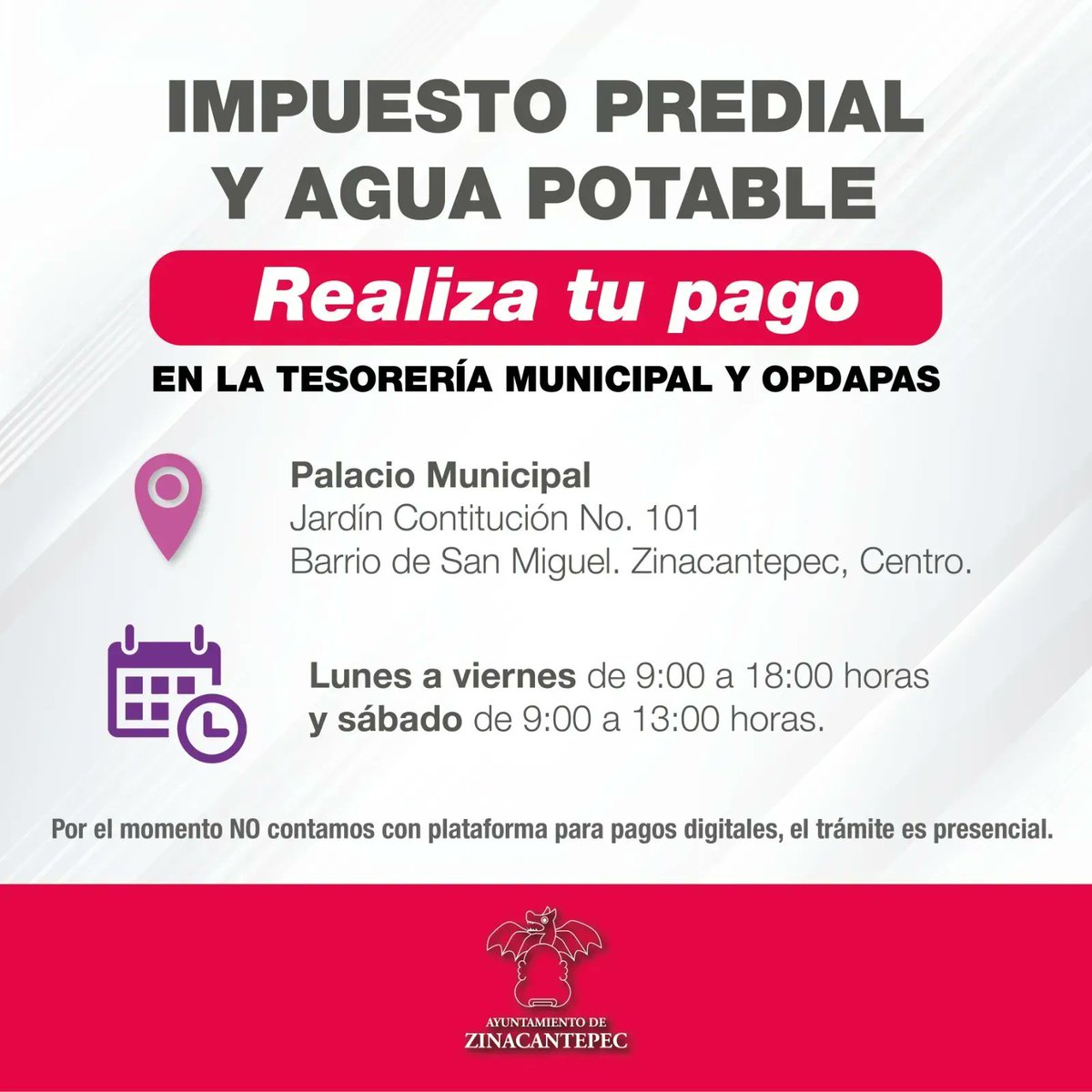 GobZinacantepec's tweet photo. #Predial2023 🏠| #OPDAPAS 💧
Te esperamos en la Tesorería Municipal de #Zinacantepec y OPDAPAS ubicadas 📍al interior del palacio, de 🗓 lunes a viernes, en un horario de ⏰ 9:00 a 18:00 horas. https://t.co/0i14jrCbyd