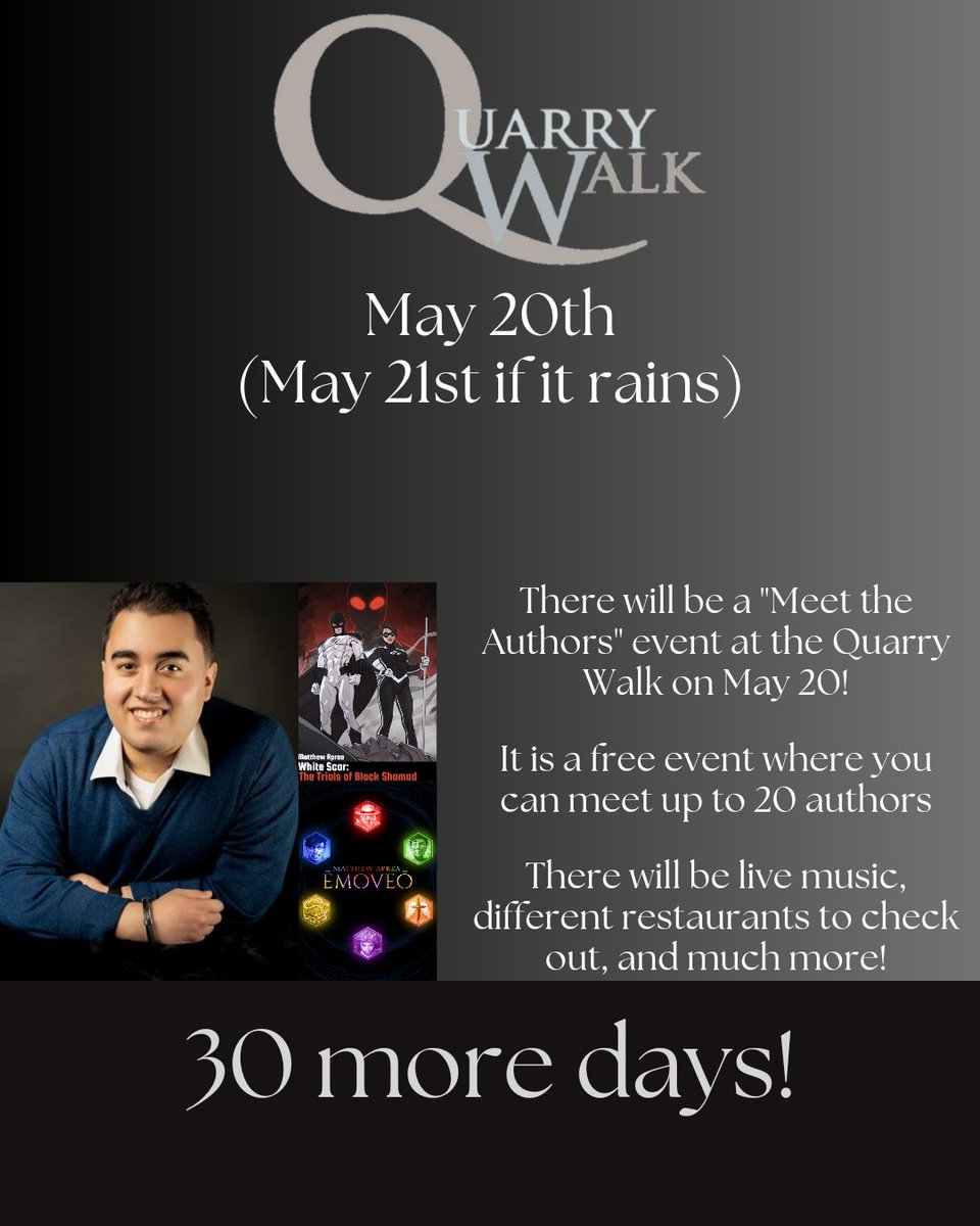 30 more days until the Quarry Walk Meet the Authors event commences!

 #quarrywalk #freeevent #selfpublishedauthor #indieauthor #connecticut #ct #oxfordct #fyp