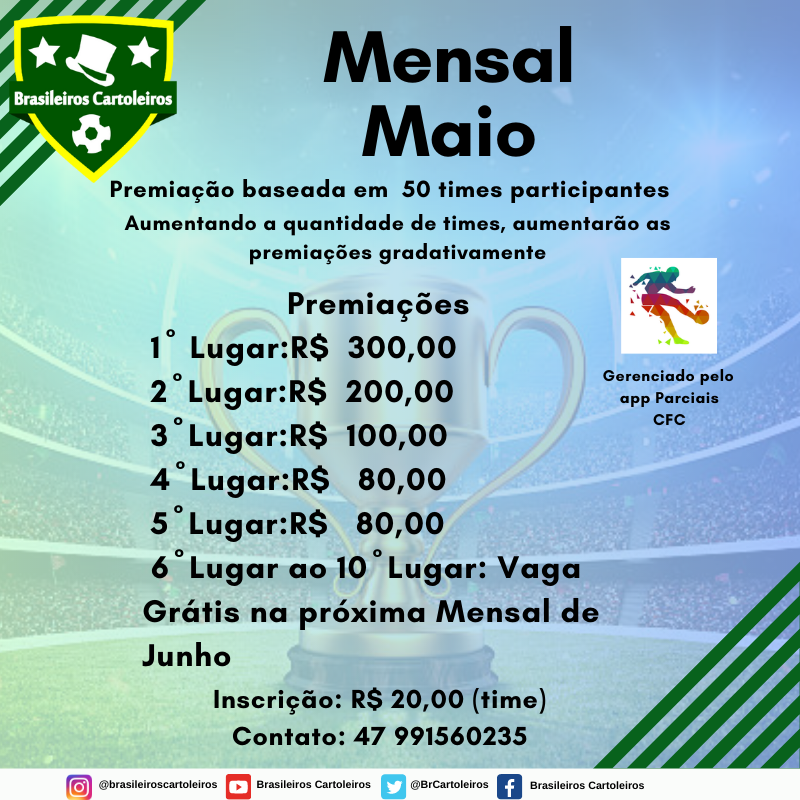 BRCartoleiros's tweet photo. Você curte Liga Mensal com poucos concorrentes e premiação bem distribuída?

Convido você a participar e mitar na nossa Mensal de Maio!
Garanta sua vaga no link: https://t.co/U0Mj6V5b9Z

Siga @BRCartoleiros !
#ligadecartola #cartola #cartoleiros #mitarnocartola #mitar #cartolafc https://t.co/NMX8WbgYYa