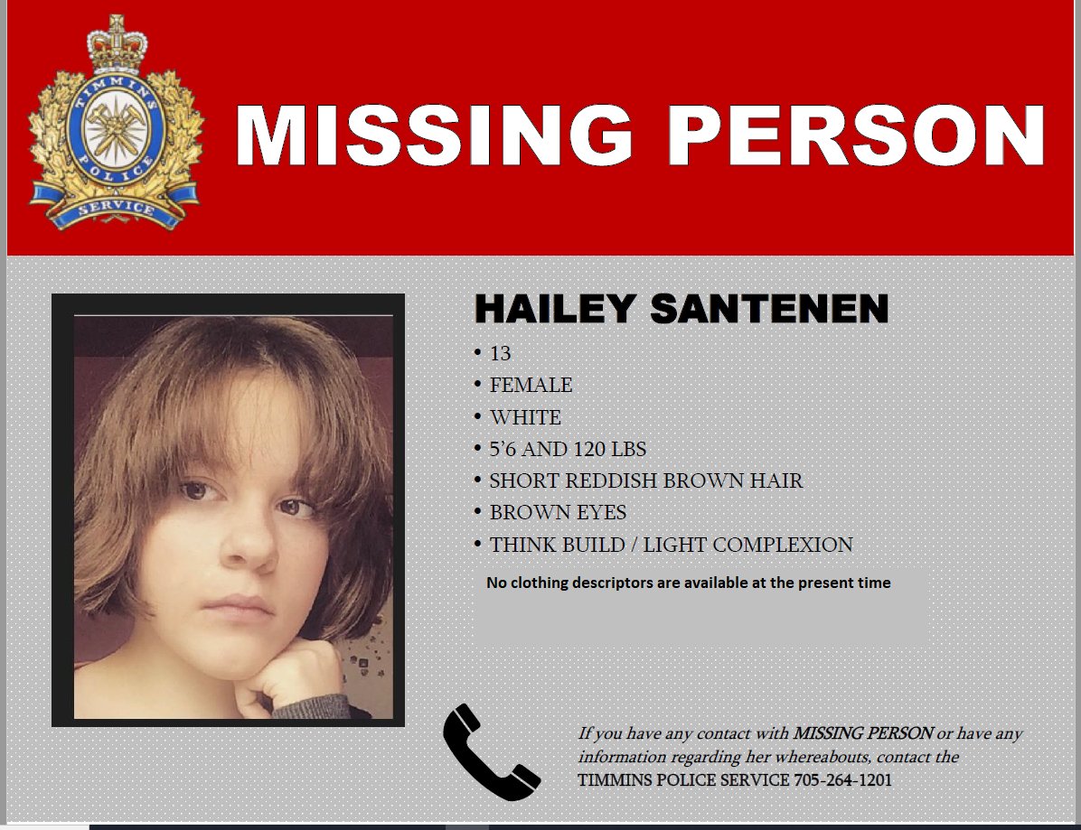 Timmins Police on Twitter "Timmins Police seeking to locate Missing
