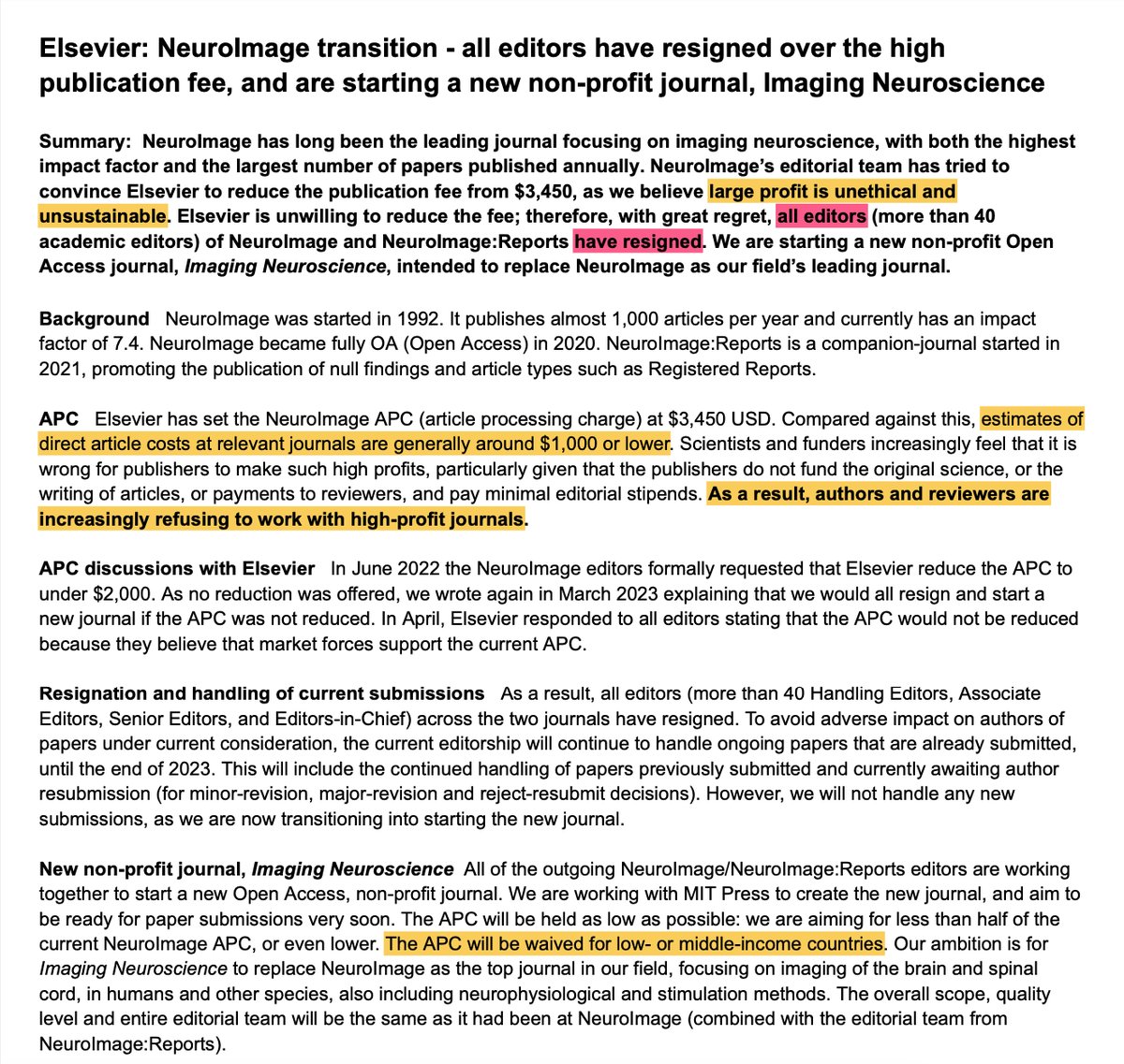 All Editors of NeuroImage (IF = 7) resigned because Elsevier didn’t want to reduce the hefty publication fee (it’s $3,450 !!!). And then started their OWN journal!

Just a reminder - the profit margin for academic publishing often reaches 40% (while for non-academic - 15%).