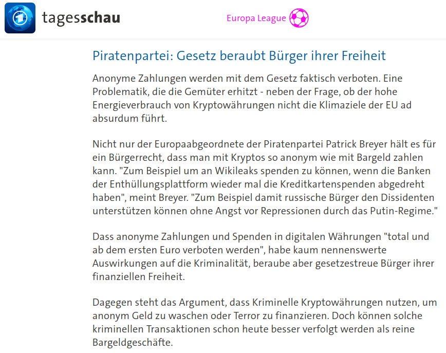 echo_pbreyer's tweet photo. .@tagesschau über die neuen EU-Regeln für Digitalwährungen und unsere #Piraten-Kritik am Verbot jeglicher Anonymität: https://t.co/ezkdDHfhuw https://t.co/NbbBWrkYmd