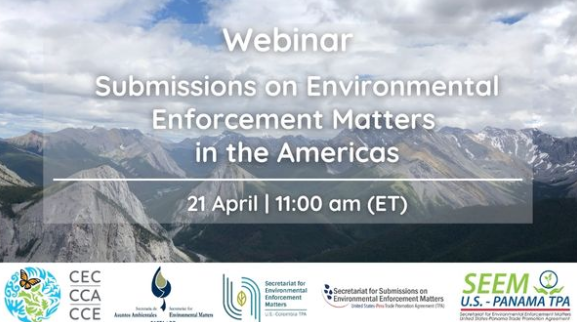 Participaremos de este webinar para hablar de comunicaciones, peticiones y solicitudes sobre asuntos de aplicación y cumplimiento de la ley ambiental en las Américas. 
Invita <a href="/CCA_Espanol/">Comisión para la Cooperación Ambiental</a> 
Viernes 21 de abril. (9:00 MX)
Registro: cec.org/events/sem-in-…