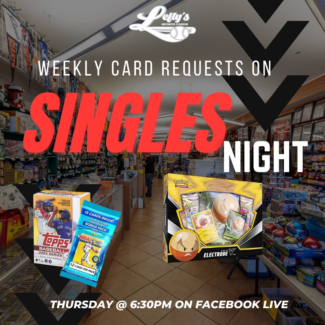 And before you know it, Singles Night is here again! Tune in tonight on Facebook live at 6:30PM as we take card requests, show off some merchandise, and more!

#sportscards #leftyssports #gamingcards