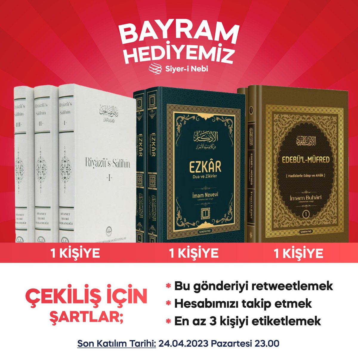 siyeri_nebi_der's tweet photo. Bu bayram hediyelerimiz İmam Nevevî'den. 
Bir kardeşimize 3 ciltlik Riyâzü's-Sâlihîn adlı eseri, bir kardeşimize 2 ciltlik el-Ezkâr adlı eseri, bir kardeşimize ise 2 ciltlik Edebü'l-Müfred adlı eseri hediye ediyor, hayırlı bayramlar diliyoruz. https://t.co/NXwc1qc5k6