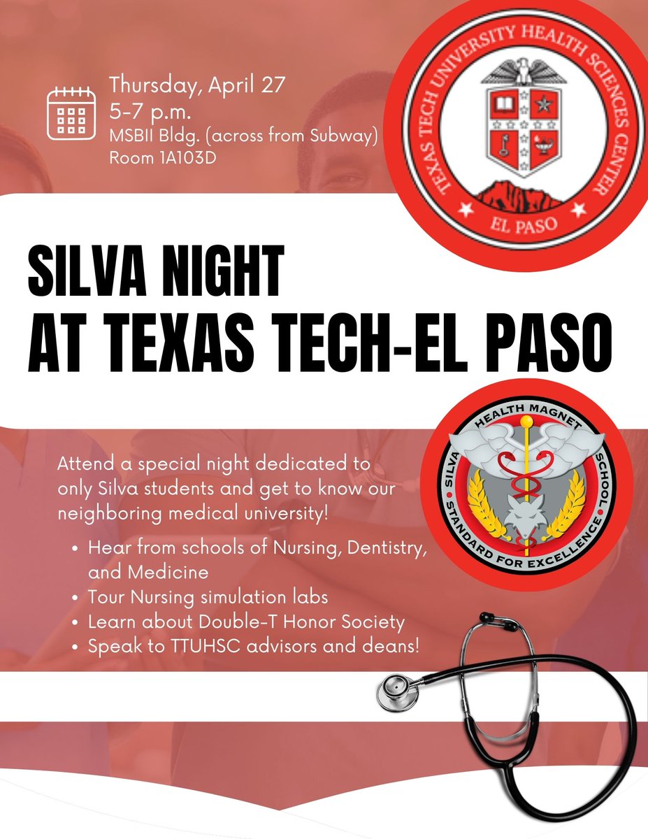 🗣 Hey Silva students and parents! 🦊
Save the date for next Thursday as our neighboring university @ttuhscep is hosting Silva for a special presentation, tour, and information session for our current students ONLY.

🗓 April 27
⏰ 5-7 p.m.
🏠 MSBII Bldg (across from Subway)