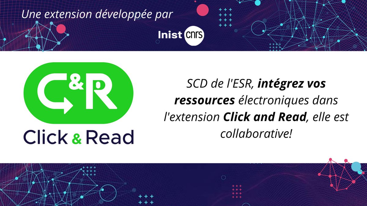 INIST_CNRS's tweet photo. Avec l'extension #ClickandRead, accédez facilement au texte intégral des publications scientifiques depuis votre navigateur web.
Elle est collaborative et agrège les sources d'autres établissements.
Contactez nous pour intégrer l'extension!
https://t.co/keyWLFnNjo
#OpenScience https://t.co/q8PBC0qIeY