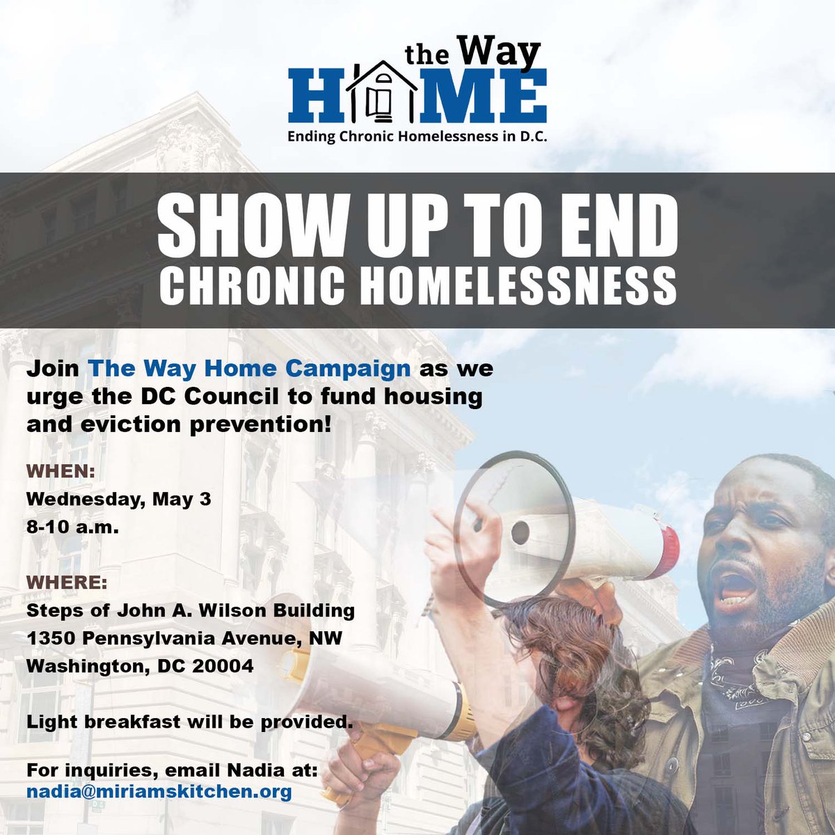 thewayhomeDC's tweet photo. JOIN US ON MAY 3RD

On May 3rd, the @councilofdc will have their budget work session. We will be there reminding them to include funding that ends and prevents chronic homelessness and addresses DC's dire lack of low-income housing. 

Retweet if you plan on joining us! https://t.co/DzmHX6Pvdm