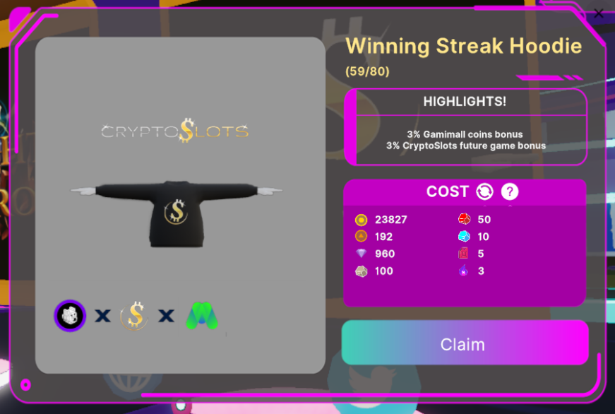 🔥We cut down the cost of Crypto Slot T-Shirt. <a href="/Crypto_Slots/">CryptoSlots</a>  is a huge web3 gambling project that will dev game <a href="/Decentraland/">Decentraland</a>. This Tee is their 1st DCL wearable with 3% of their game utility. (+ 3% GamiMall coin bonus) 

🤩This potential jackpot has 59 Lefts! LFG!