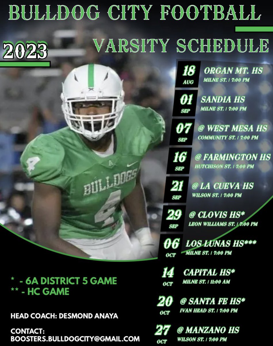 Varsity football schedule for the upcoming season 🚂🟩◽️🟩▫️

With a little ‼️#TBT‼️to one of our guys, and current <a href="/UNMLoboFB/">New Mexico Football</a> player, <a href="/LandonJWilliams/">Landon Williams</a> 🐺😎 <a href="/bulldogs_AHS/">AHS Bulldogs</a> 
 #BulldogCity ‼️ 🐶🟩⬜️