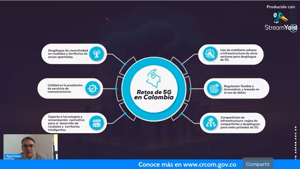 CRCCol's tweet image. &quot;Uno de los retos del 5G en Colombia es el despliegue de conectividad con mínimas restricciones con amplia cobertura para tener en las ciudades y territorios en zonas apartadas servicios de telepresencia&quot;: Miguel Durán #ISWTalks