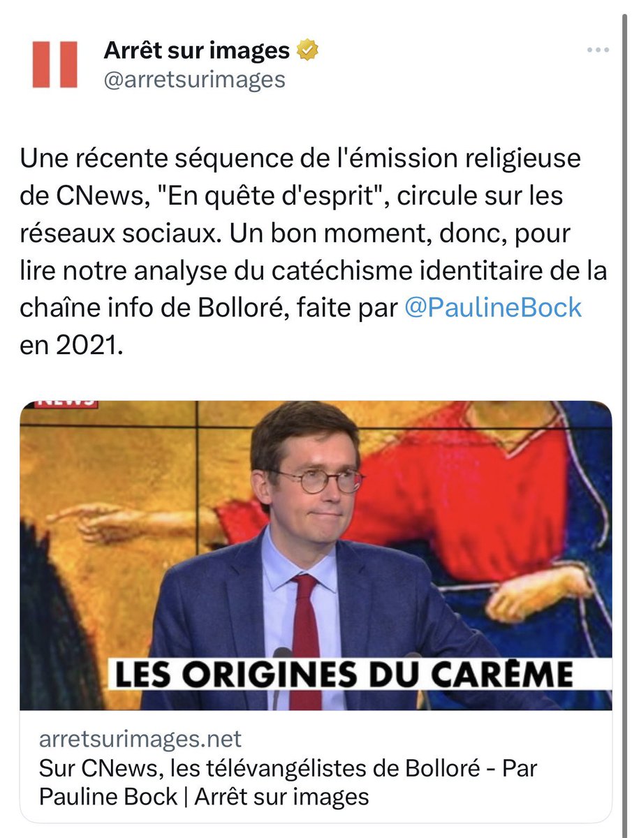 JeanMessiha's tweet photo. Y a un truc que je pige pas.

Quand une chaîne privée (@CNEWS) diffuse une émission chrétienne dans un pays aux racines du même nom, les médias gaucho-« progressistes » appellent ça du « catéchisme identitaire ».

Bien.

En ce cas, pourquoi les mêmes ne nous disent-ils pas que quand une chaîne du service public (@France2tv), payée par l’impôt des Français, diffuse une émission en l’honneur de la nuit du Ramadan, elle verse dans un catéchisme identitaire islamique ?

#Bolloré
#AidElFitr 
#Ramadan
#NuitDuRamadan