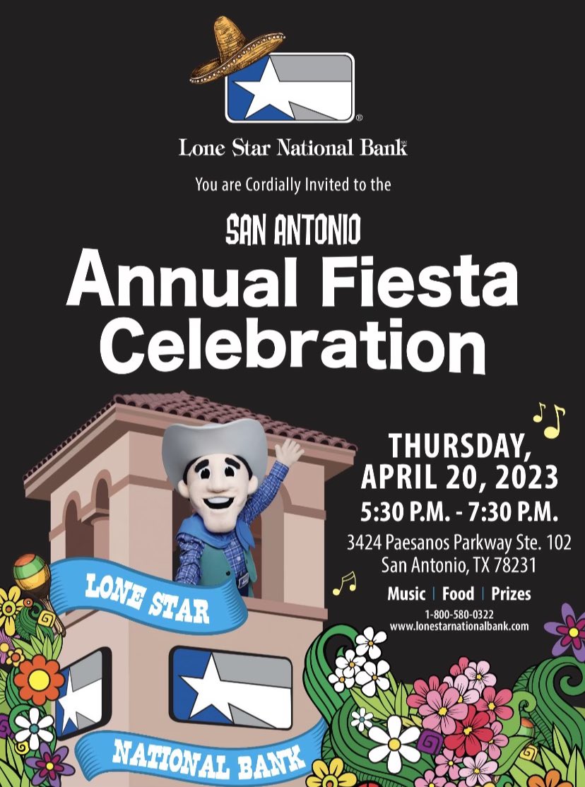 lsnbank's tweet photo. TONIGHT! Is our Annual Fiesta Celebration! We can’t wait to celebrate with you! 
Lone Star National Bank… We Do What The Little Banks Can’t and The Big Banks Won’t.
🎊¡Viva Fiesta!🎊

#fiestasanantonio #fiesta #safiesta #vivafiesta #bank #LSNB #sanantonio #satx #sanantoniotexas https://t.co/TdXxs9UDUG