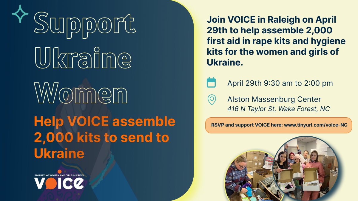 Are you in Wake Forest, NC? We're working with @voicesamplified to assemble 2000 first aid rape kits that included vital supplies (including Julie!) for women and girls. Stop by for 10 minutes or stay the whole time and help build kits that will be sent to Ukraine shortly after.