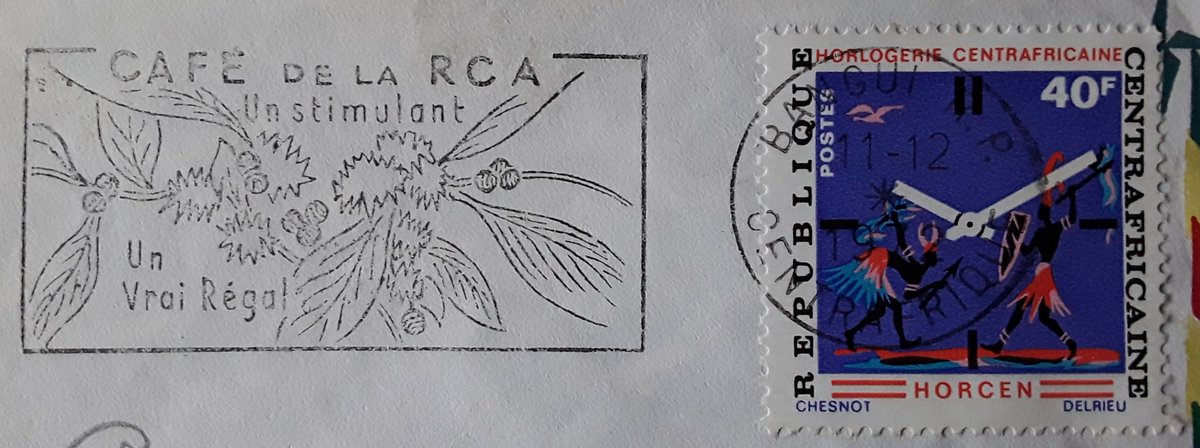 Stamp_Daily's tweet photo. #StampDaily is really stamp and cancel. A great combination #usedoncover from #CAR #RCA Central African Republic to France in 1972. The stamp shows warriors on a clock face, and the cancel is a publicity slogan for CAR #coffee. #philately #philatelie #stamps #timbres #briefmarken https://t.co/VruS64sf6x