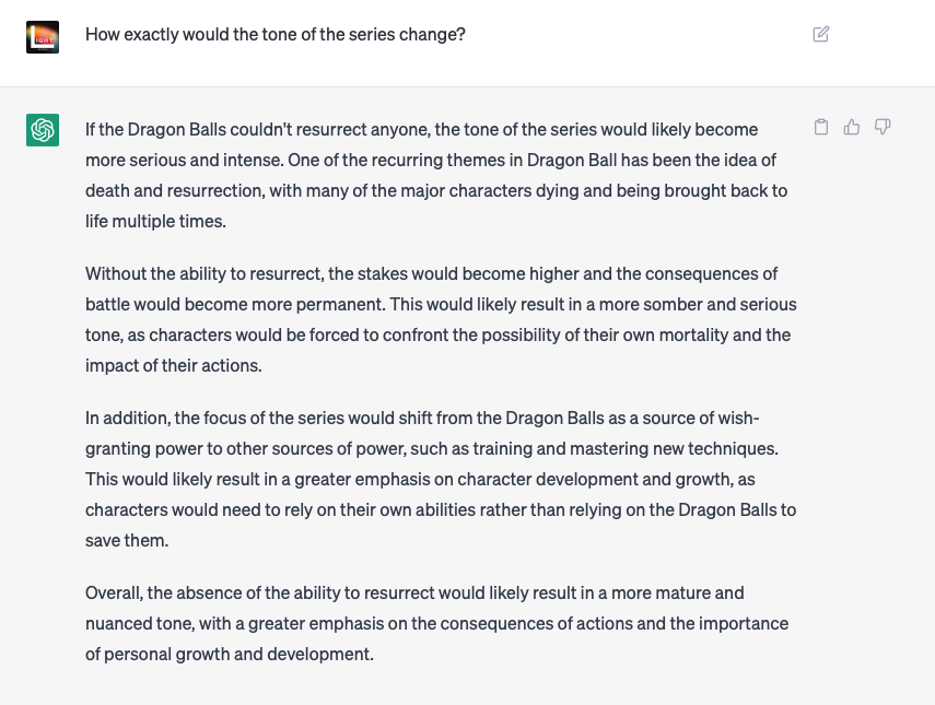 _Naniverse's tweet photo. I asked ChatGPT what would happen if the Dragon Balls couldn't resurrect anyone?

Seems like Chat GPT knows a bit about the Dragon Ball Universe.

If you've wondered how this story would unfold, check our new series!

https://t.co/gW5eZXc9pV https://t.co/f5kNOhKNdK