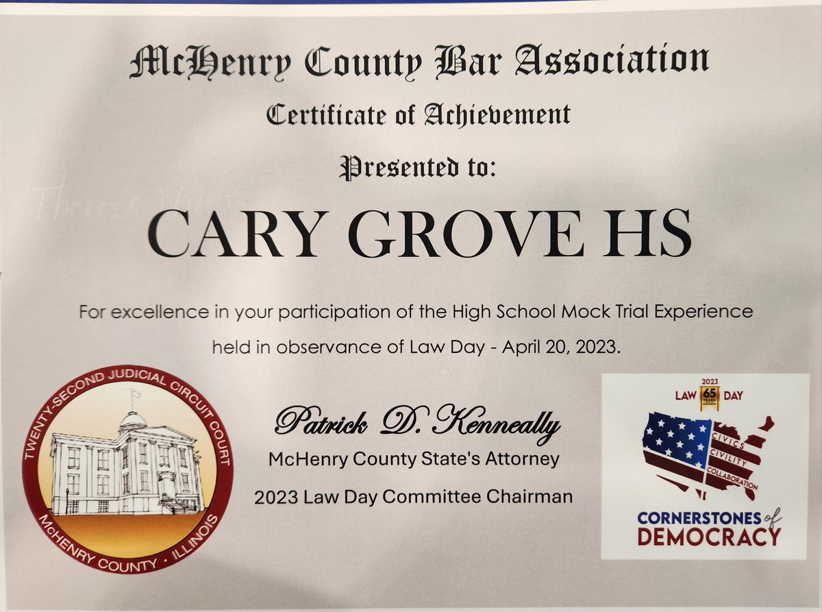 Cary-Grove High School students participated in a Mock Trial during Law Day 2023. Thank you McHenry County Bar Association and the McHenry County States Attorney Office for this awesome engagement in learning. @CaryGroveHS @CHSD155 @CG_IandC @NeilLesinski @McHenryCoSAO