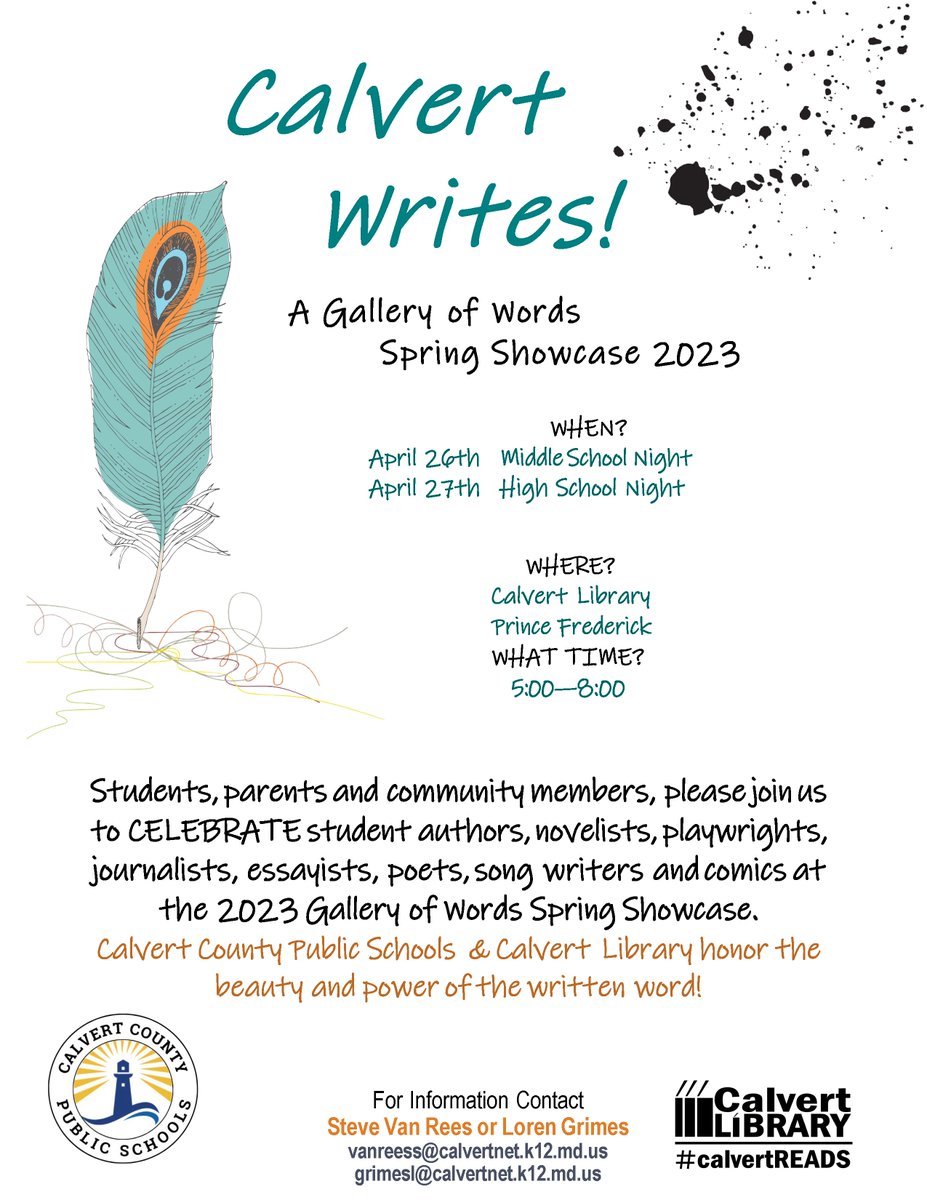 Please join us April 26 &amp; 27 from 5 p.m. to 8 p.m. at the Calvert Library-Prince Frederick Branch to celebrate our amazing student authors, novelists, playwrights, journalists, essayists, poets, song writers and comics at the 2023 Gallery of Words Spring Showcase. #CalvertShines