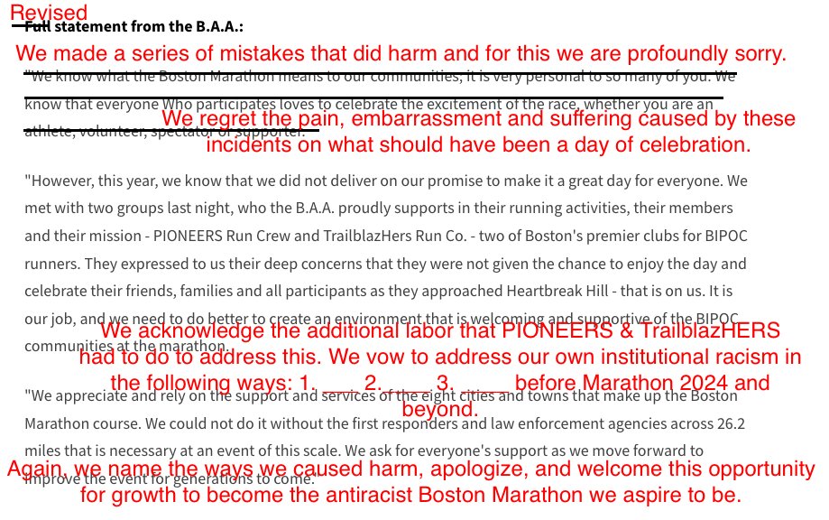 I fixed your @BostonMarathon non-apology for you, @BAA. Do Better in actually apologizing.   #Boston will never be a world class, championship sports city when Black folk can't watch a damn sports event without being policed. #BostonMarathon #RunningWhileBlack