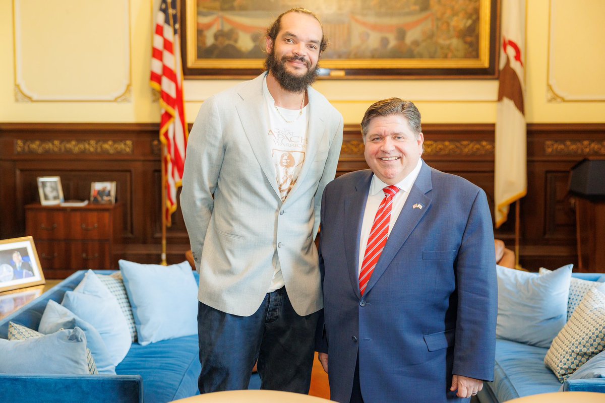 GovPritzker's tweet photo. Always great to see one of the greats in Springfield, @JoakimNoah! https://t.co/0hkX68oo9C