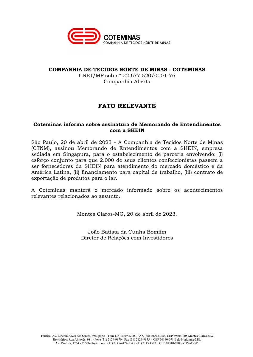 CalixtoCapital's tweet photo. #CTNM | COTEMINAS | Fato Relevante https://t.co/ktpCkgL8wQ
