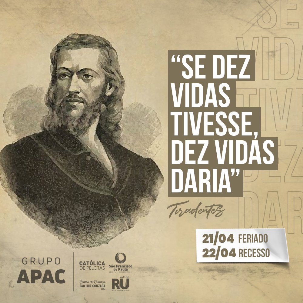 UCPel's tweet photo. O feriado é comemorado dia 21 de Abril. Portanto, nesta sexta (21) e no sábado (22) a universidade não estará em funcionamento.
Bom feriado!
#ucpel #feriado https://t.co/f3EwSU4SwB