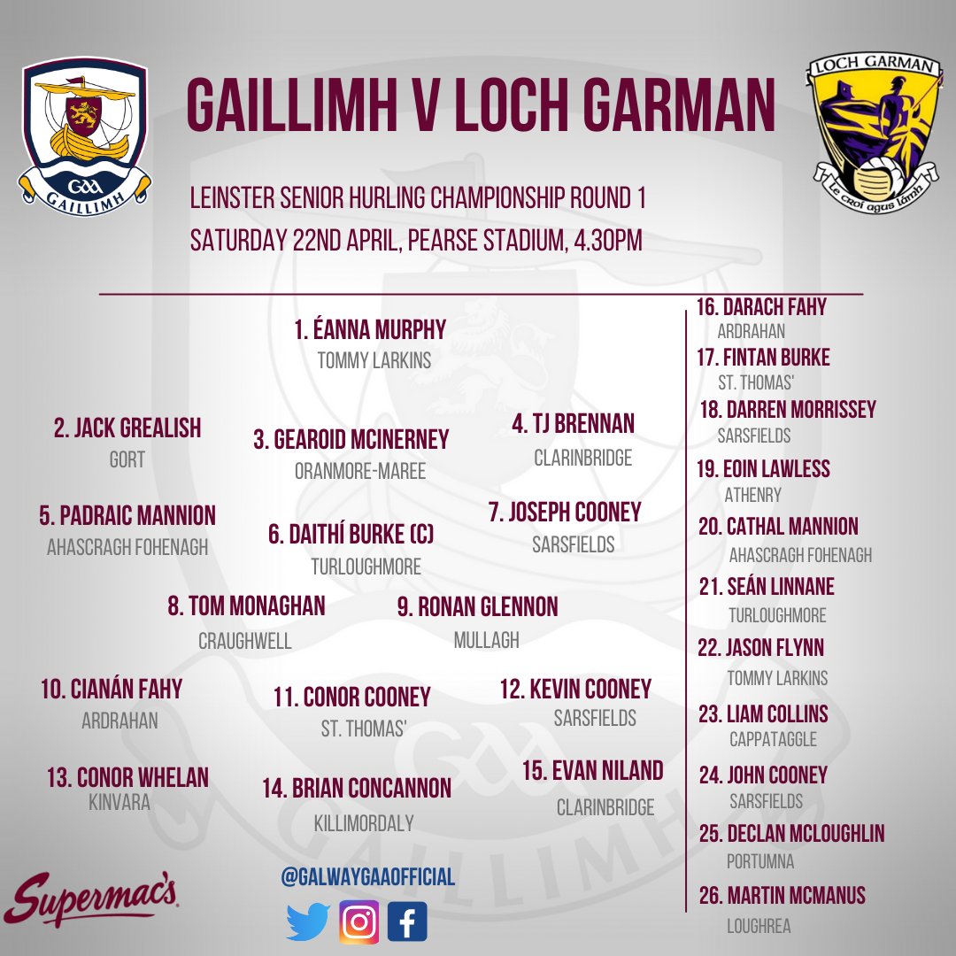 Galway_GAA's tweet photo. 🚨TEAM NEWS🚨
 Leinster Senior Hurling Championship
 
GALWAY vs WEXFORD
 
🗓️Saturday April 22
 🕓4:30PM
 📍Pearse Stadium
📺GAAGO
📻Galway Bay FM &amp; RnaG 

Buy Match Tickets🎫
https://t.co/Q9c702v6gk

Best of Luck to Henry, management &amp; our Senior Hurlers👊

#riseofthetribes https://t.co/8tpDqqs9j6