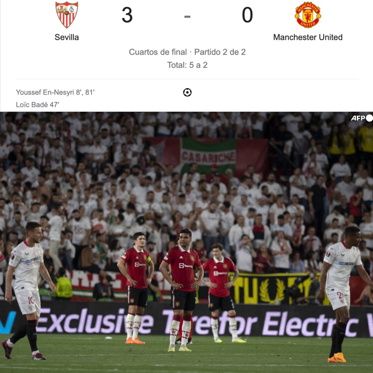 InvictosSomos's tweet photo. ¡¡LOS REYES DE LA EUROPA LEAGUE!! Sevilla volvió a dar una lección de jerarquía en la UEL. Golearon al Manchester United en el Sánchez Pizjuán. Aprovecharon el recital de errores del equipo de Erik ten Hag. Pesadilla de De Gea y Maguire. Qué noche de Badé, Rakitic y En-Nesyri. https://t.co/voxMO7XiIS