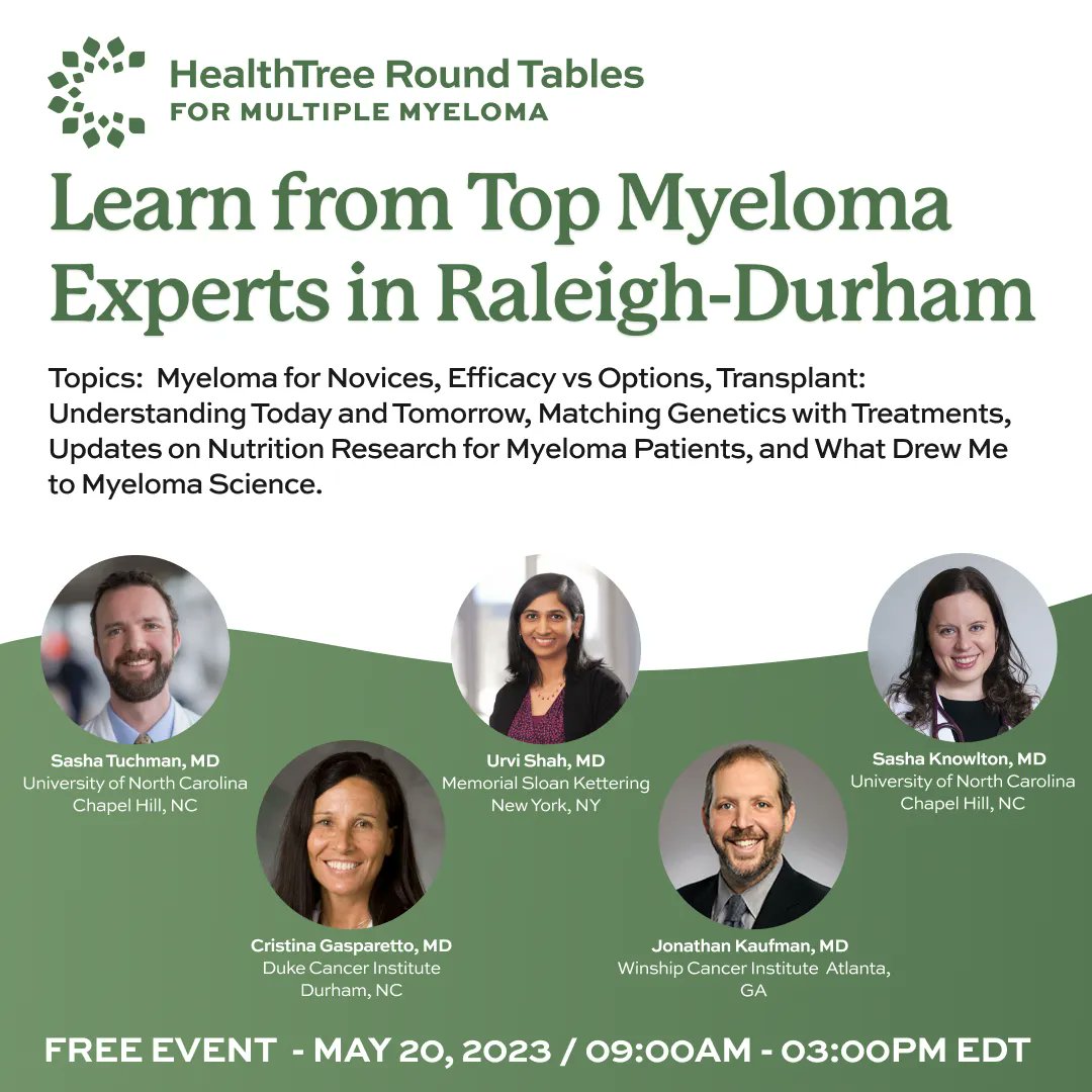 HealthTree Foundation (@healthtree) on Twitter photo NEXT MONTH! 🗓️ Join us on May 20th at the #MyelomaRoundTable with top speacialists @stuchman1 <a href="/Cristin53875581/">Cristina Gasparetto</a> <a href="/UrviShahMD/">Urvi Shah</a> <a href="/JKaufmanMD/">Jonathan Kaufman, MD</a> <a href="/SashaKnowltonMD/">Sasha E. Knowlton, M.D.</a> in Raleigh-Durham, NC. More information here: buff.ly/3om0yF6
#HealthTreeMM #myeloma #multiplemyeloma #mmsm NEXT MONTH! 🗓️ Join us on May 20th at the #MyelomaRoundTable with top speacialists @stuchman1 <a href="/Cristin53875581/">Cristina Gasparetto</a> <a href="/UrviShahMD/">Urvi Shah</a> <a href="/JKaufmanMD/">Jonathan Kaufman, MD</a> <a href="/SashaKnowltonMD/">Sasha E. Knowlton, M.D.</a> in Raleigh-Durham, NC. More information here: buff.ly/3om0yF6
#HealthTreeMM #myeloma #multiplemyeloma #mmsm