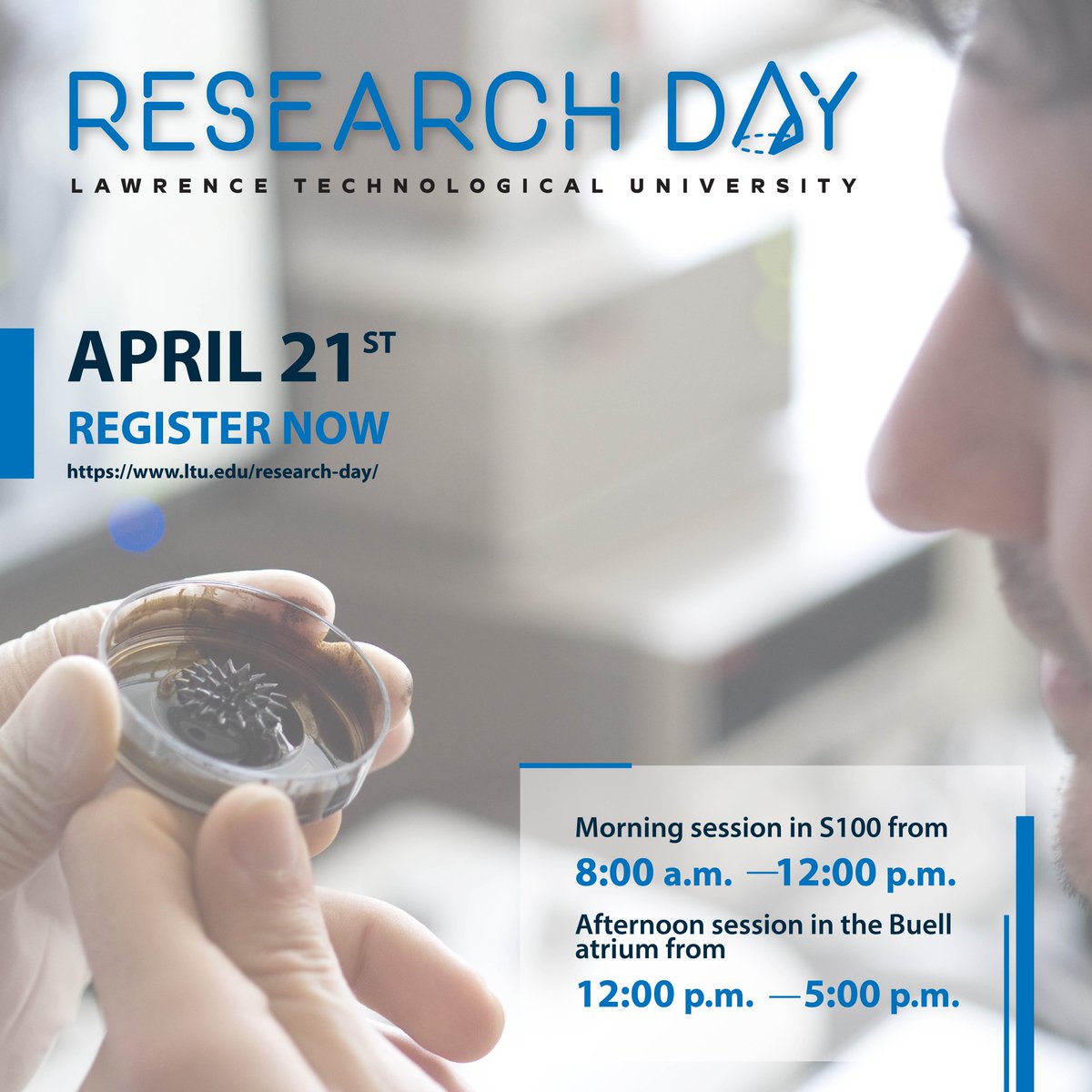 LawrenceTechU's tweet photo. LTU's 10th annual Research Day is tomorrow and it's a bigger event than ever, with more than 140 research projects presented by LTU students and faculty, as well as selected high schools! 💙🤍

Read more 👉 https://t.co/3bDSn4fH9o
RSVP 👉 https://t.co/SxuD6cVDGU 

#WeAreLTU https://t.co/hpEX2tkN1v