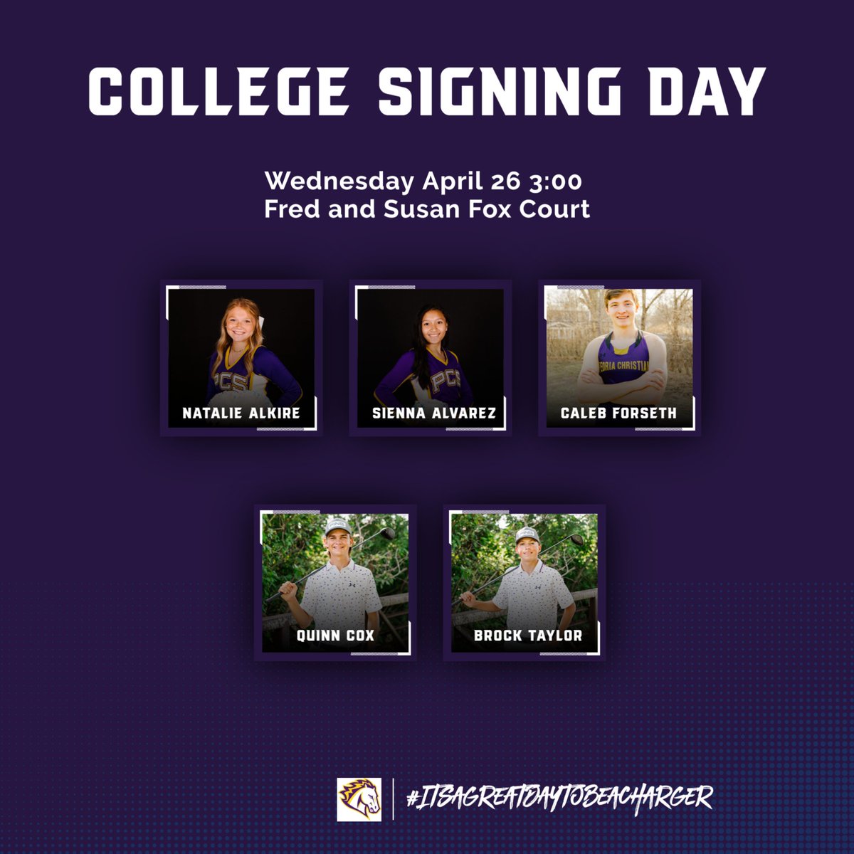 AthleticsPeoria's tweet photo. We are excited to have 5 senior athletes decide to play in college...Join us Wednesday April 26 at 3:00 as they sign on to play at the next level. #putitintopractice #ItsAGreatDayToBeACharger https://t.co/YVirZs53TV