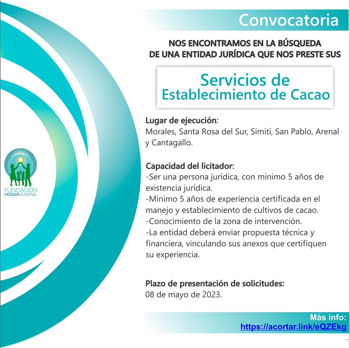 FundHogar's tweet photo. #convocatoria Nos encontramos en la búsqueda de una entidad jurídica que nos preste sus servicios de SIEMBRA NUEVA DE CACAO. Ayúdanos compartiendo o etiquetando a quien pueda estar interesado y cumpla con los requisitos.  Más info aquí ⬇️⬇️⬇️
https://t.co/deqCQS3aKM https://t.co/McfkFJ4sBj