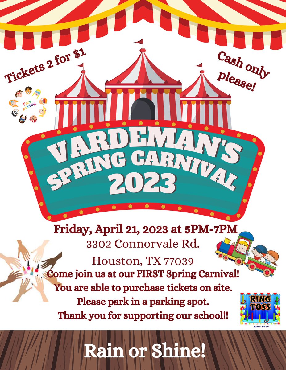 IngridCastelo87's tweet photo. Join us for our 1st carnival event @ @Vardeman_AISD Friday, April 21st from 5 to 7pm. We are also selling raffle tickets for a Year worth of Whataburger with many goodies inside 😀 🍔. Open to the community. Come and enjoy 🤗🐼 #food #games #facepainting  #ChickfilaCow🐄 https://t.co/ybJS4GjLMX