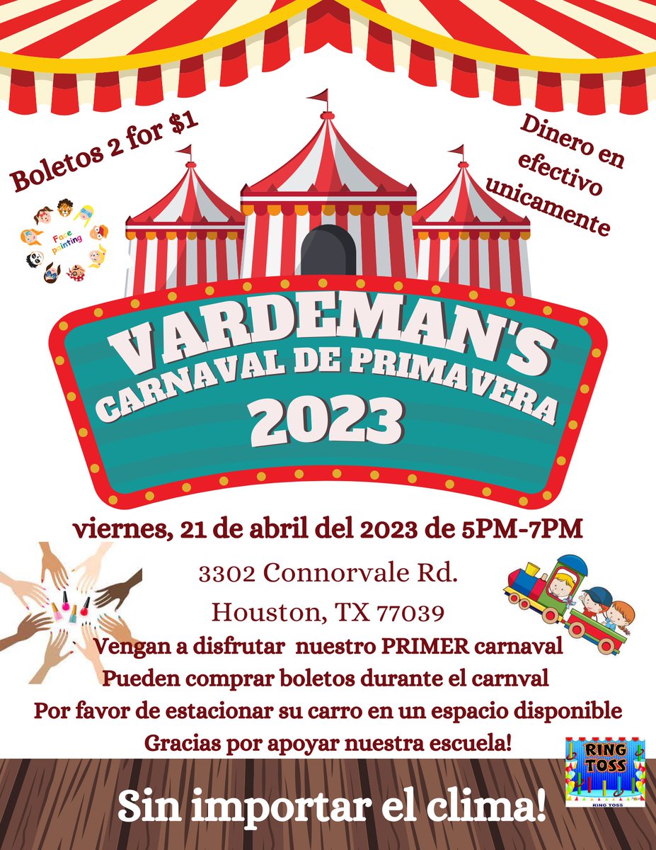 IngridCastelo87's tweet photo. Join us for our 1st carnival event @ @Vardeman_AISD Friday, April 21st from 5 to 7pm. We are also selling raffle tickets for a Year worth of Whataburger with many goodies inside 😀 🍔. Open to the community. Come and enjoy 🤗🐼 #food #games #facepainting  #ChickfilaCow🐄 https://t.co/ybJS4GjLMX