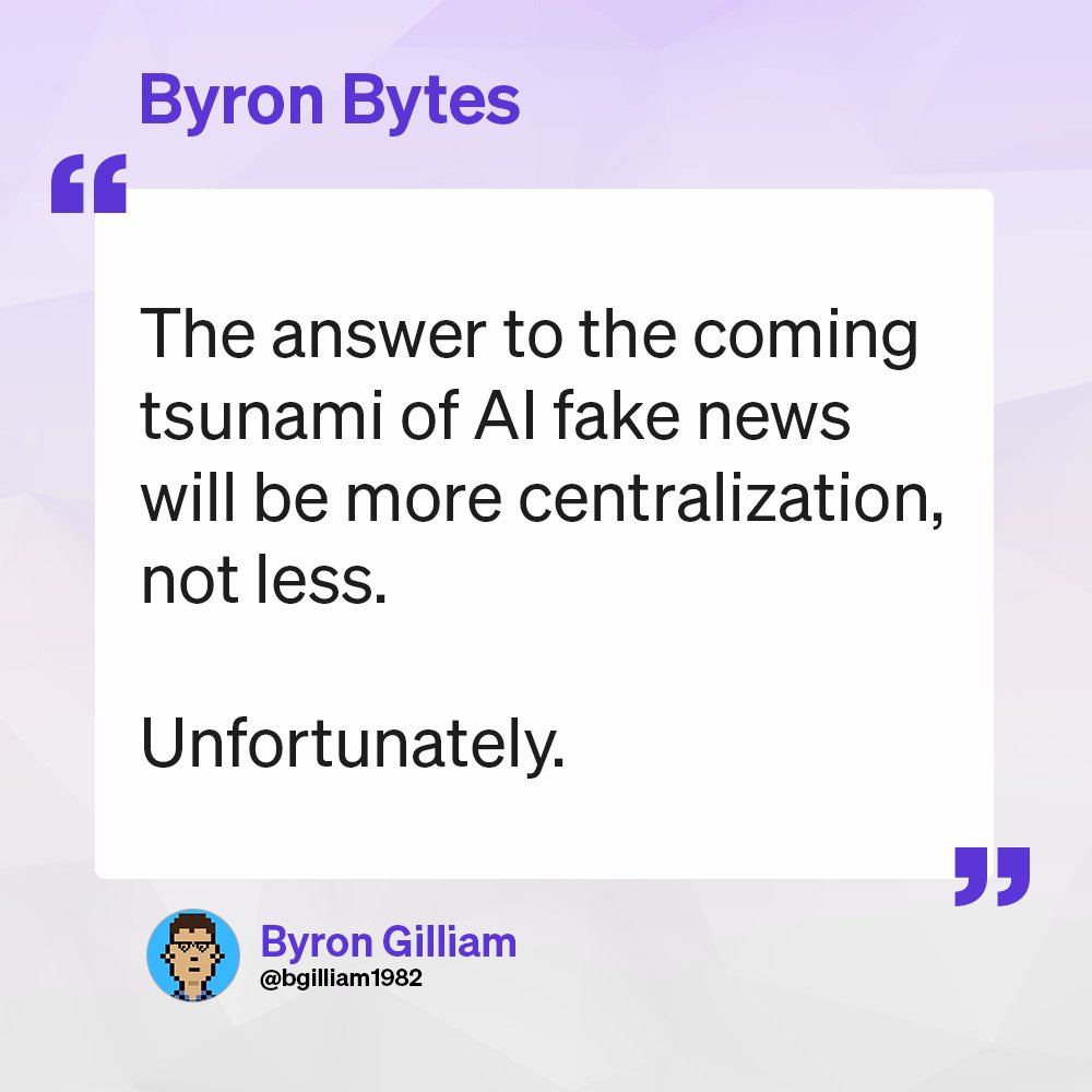 The internet will soon be filled with AI-generated:

- Fake news
- Deep fakes
- Pirated Entertainment

Is blockchain tech the answer to this?

Subscribe before 7 PM EST to read <a href="/bgilliam1982/">Byron Gilliam 🟪 Apocaloptimist</a>'s take 👇
blckwrks.co/40hxigi