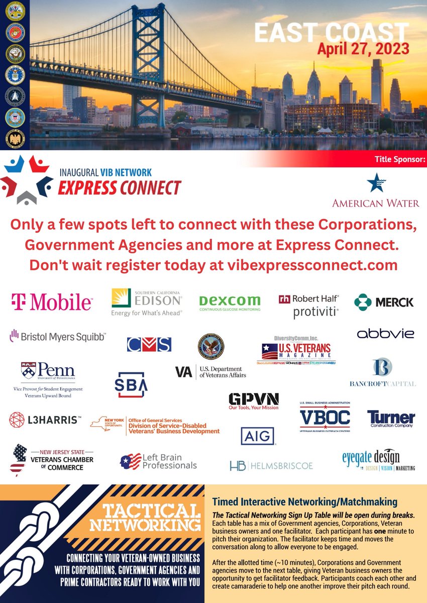 Only 8 seats left for the Inaugural Veterans In Business (VIB) Network Express Connect on April 27th in Camden, NJ. This event focuses on creating meaningful connections in an intimate setting to help you build relationships for contracting opportunities. www.vibexpressconnect.com