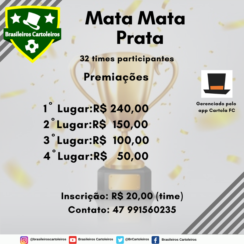 BRCartoleiros's tweet photo. Inscrições abertas para nossos Mata Matas Bronze, Prata e Ouro!

Fechando as 32 vagas já inicia na próxima Rodada!
Bora participar no link: https://t.co/U0Mj6V5b9Z

Siga @BRCartoleiros !

#cartola #cartolafc #cartoleiros #ligadecartola #mitar
#Flamengo #Palmeiras #Libertadores https://t.co/oTFyagUYZT