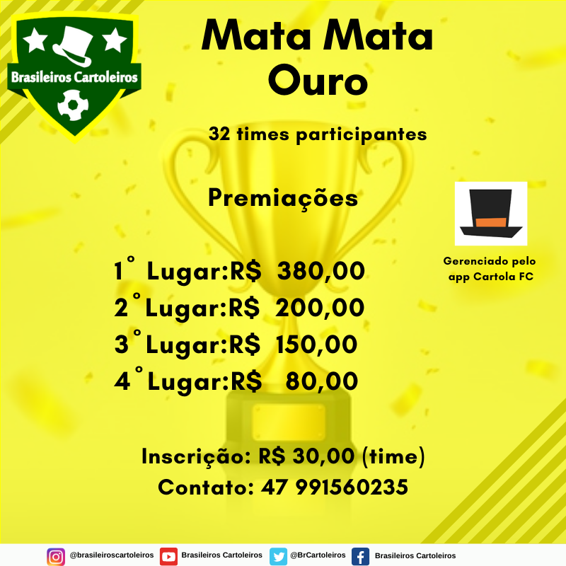 BRCartoleiros's tweet photo. Inscrições abertas para nossos Mata Matas Bronze, Prata e Ouro!

Fechando as 32 vagas já inicia na próxima Rodada!
Bora participar no link: https://t.co/U0Mj6V5b9Z

Siga @BRCartoleiros !

#cartola #cartolafc #cartoleiros #ligadecartola #mitar
#Flamengo #Palmeiras #Libertadores https://t.co/oTFyagUYZT