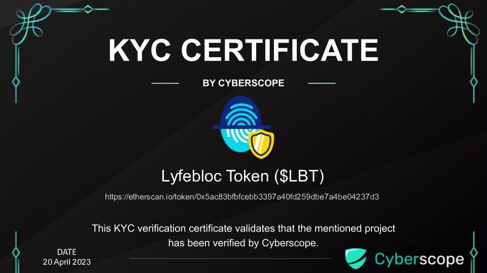 We just finished the KYC for
 <a href="/LyfeblocNetwork/">Lyfebloc</a>

Check the certification.
coinscope.co/coin/3-lbt/kyc

Want to get KYC for your project?
cyberscope.io

#Crypto #Blockchain #Kyc