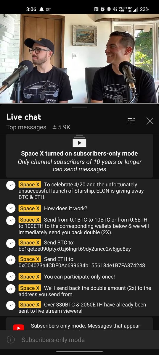 HypePractition's tweet photo. @elonmusk you aware a fake SpaceX 10k followers and no videos posted account is using your name to steal crypto? https://t.co/i9DbQhZxrj