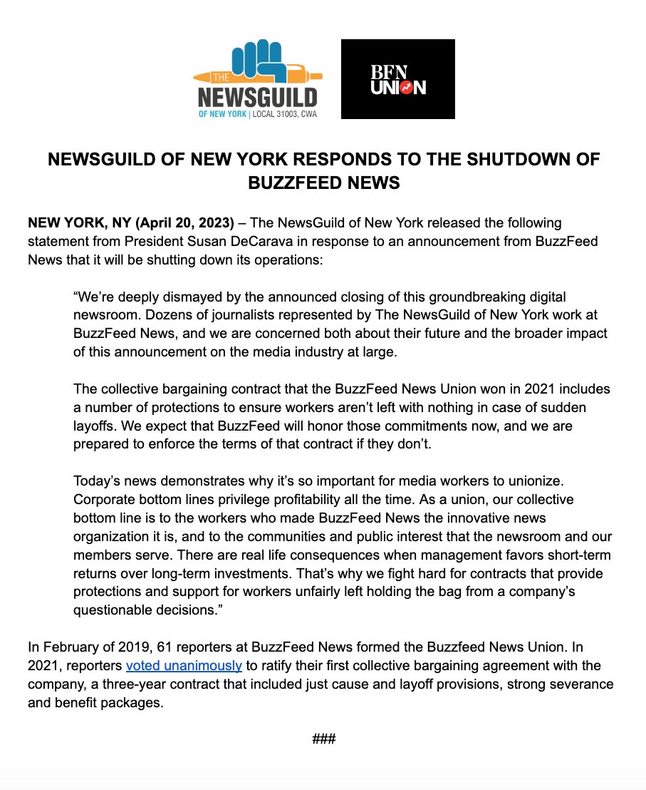 NewsGuild of New York (@nyguild) on Twitter photo Today’s heartbreaking news shows exactly why it’s so important for media workers to unionize.
Our statement on the shutdown of <a href="/BuzzFeedNews/">BuzzFeed News</a>: Today’s heartbreaking news shows exactly why it’s so important for media workers to unionize.
Our statement on the shutdown of <a href="/BuzzFeedNews/">BuzzFeed News</a>: