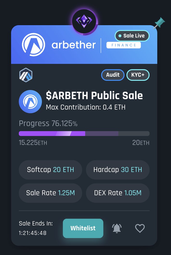 💙 $ARBETH PUBLIC SALE IS NOW LIVE ! 

The first liquidity pair on arbether.finance is coming very soon! 

🎉 15 ETH/50% FILLED BY WL

🔥 GemPad Sale: gempad.app/special/0x7AB5…