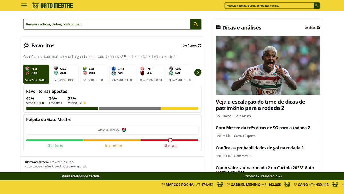 gatomestregm's tweet photo. Se liga, galera!

O painel do Gato Mestre tá de cara nova, agora com:

Previsão de resultados
Dicas rápidas
Rankings de scouts
Destaques da rodada

E está aberto para todo mundo nesta rodada 2. Entre e confira as novidades no mobile e desktop agora!

➡️ https://t.co/Skwu3TURt6 ⬅️ https://t.co/t4uWJL8Kt1