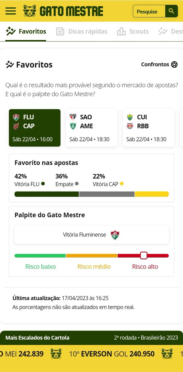 gatomestregm's tweet photo. Se liga, galera!

O painel do Gato Mestre tá de cara nova, agora com:

Previsão de resultados
Dicas rápidas
Rankings de scouts
Destaques da rodada

E está aberto para todo mundo nesta rodada 2. Entre e confira as novidades no mobile e desktop agora!

➡️ https://t.co/Skwu3TURt6 ⬅️ https://t.co/t4uWJL8Kt1