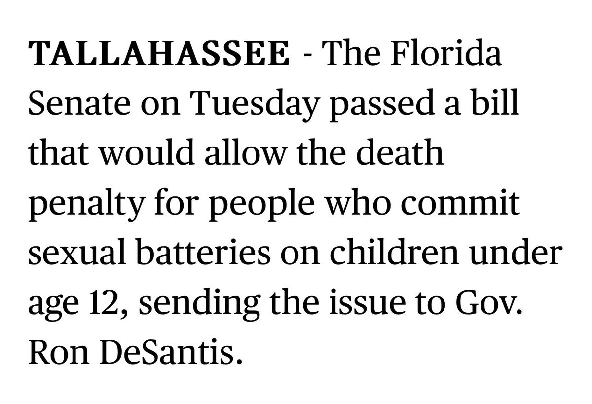 LailaMickelwait's tweet photo. A new law in Florida would allow the death penalty for sexual predators who rape children under the age of 12. The bill was championed by Senate Minority Leader Lauren Book (D) who is a survivor of child sexual abuse. https://t.co/gxWc52gEPD