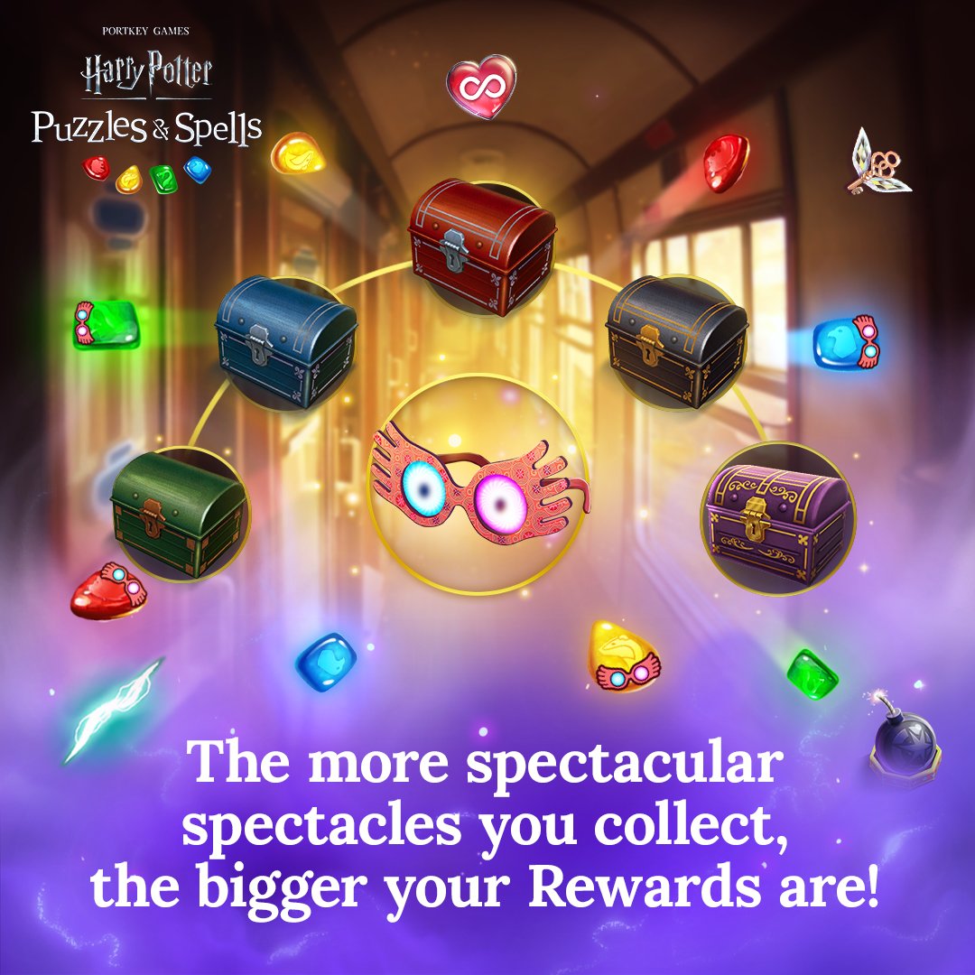 HPPuzzlesSpells's tweet photo. Collect Luna's Spectrespecs by matching Gems to unlock more powerful Rewards! Play the Spectrespecs Celebration event NOW ➡️ https://t.co/TpLVm3lFCH
#HarryPotterPuzzlesAndSpells #Spectrespecs https://t.co/W6LSXUoHCV