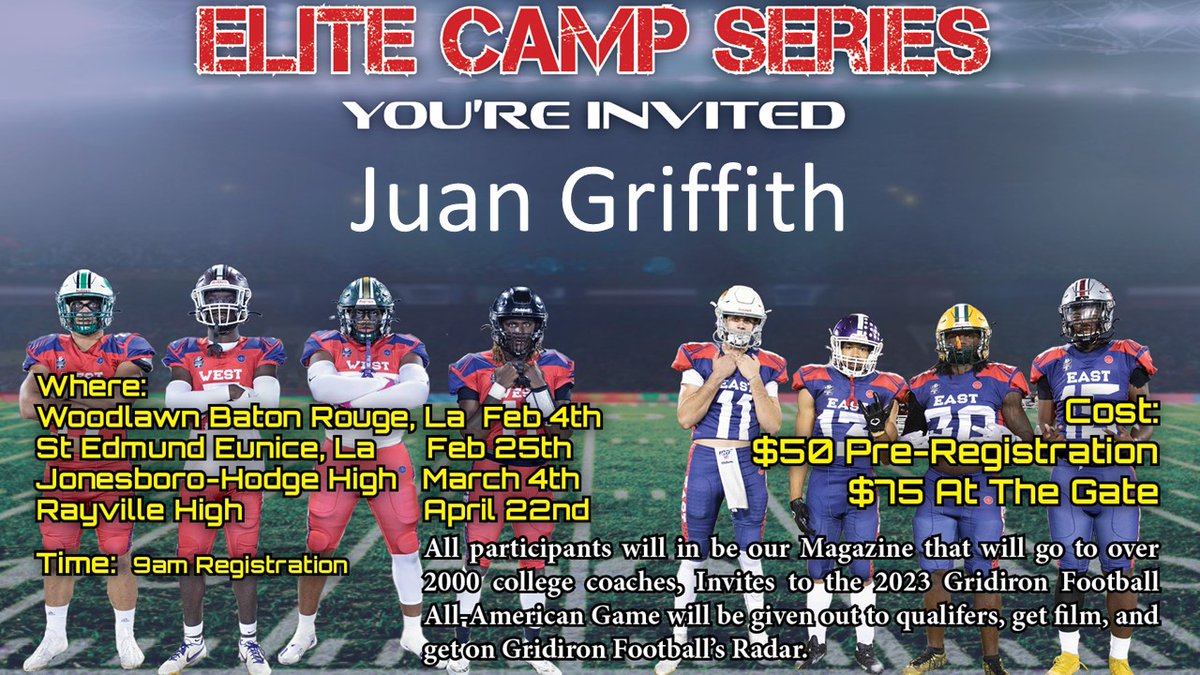 Want to be on <a href="/GridironFootbal/">Gridiron Football®</a> radar? Want to be in our magazine that is sent to every college? Then be at our camps this Saturday: 4/22 in Rayville, LA.   Register today here: form.jotform.com/230106197127147

<a href="/jacobprice457/">Jacob Price</a> 
<a href="/Jalanprice57/">Jalan price</a> 
@guynameCH 
<a href="/Juangriffith14/">Juan Griffith</a>